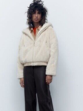 Zara Faux Fur Hooded Zip Bomber Jacket Size Small NWOT